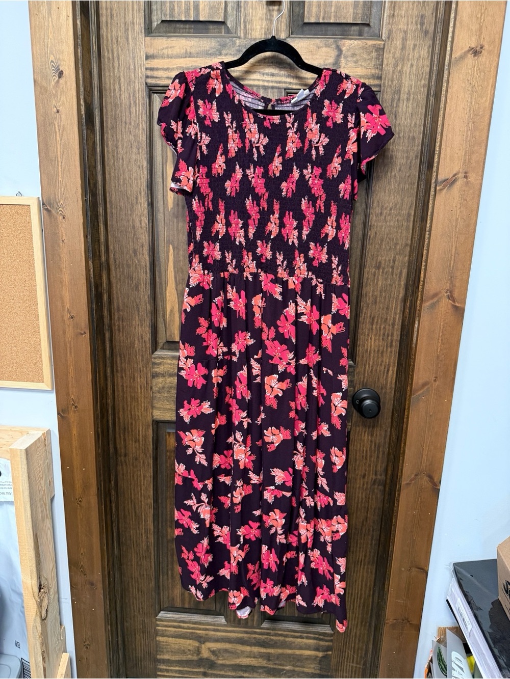LuLaRoe Dark Plum Midi Dress with Pink and Coral Floral Print